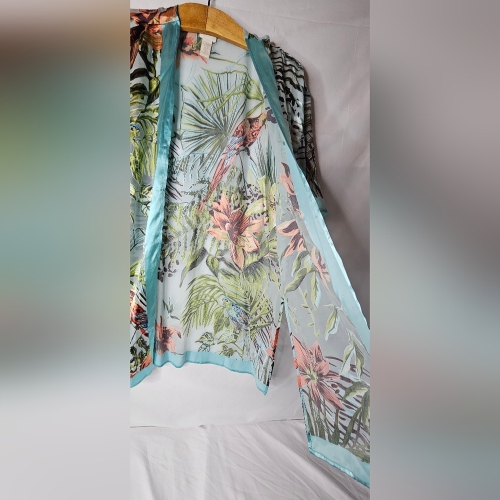 Chicos Tropical Parrot Ruana Multi-Colored Aqua Semi-Sheer Kimono Size S/M - Picture 4 of 9